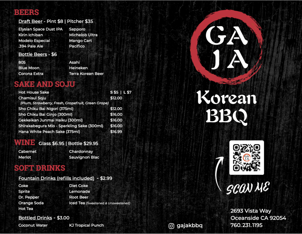 Gaja Korean BBQ drinks menu with beer sake soju wine and soft drinks
