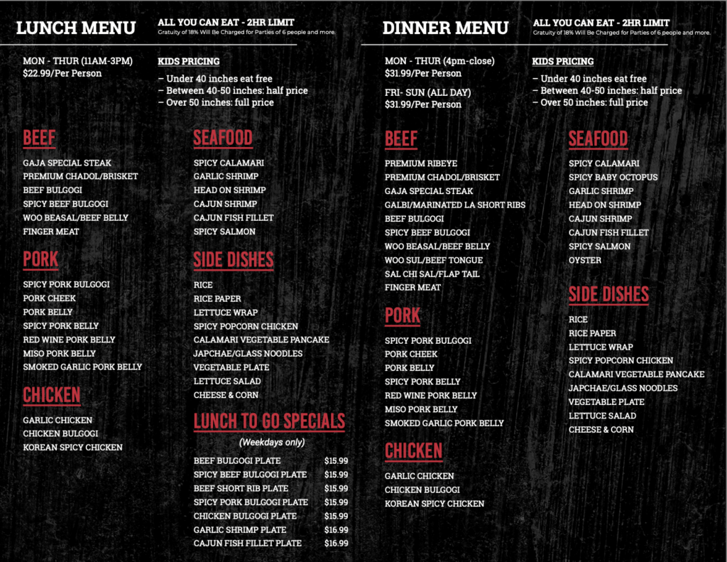 Gaja Korean BBQ lunch and dinner menu with beef pork chicken seafood and side dishes pricing